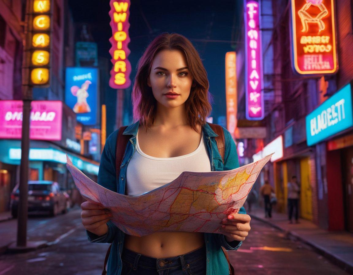 A confident female guide holding a map with 'NSFW World' written on it, standing at a crossroads with signposts pointing toward different paths labeled 'Best Porn Stars' and 'NSFW Media.' Surround the scene with a blend of alluring neon lights, vibrant colors, and subtle hints of sensuality. Ensure the background is a textured, dimly-lit urban setting. super-realistic. vibrant colors.