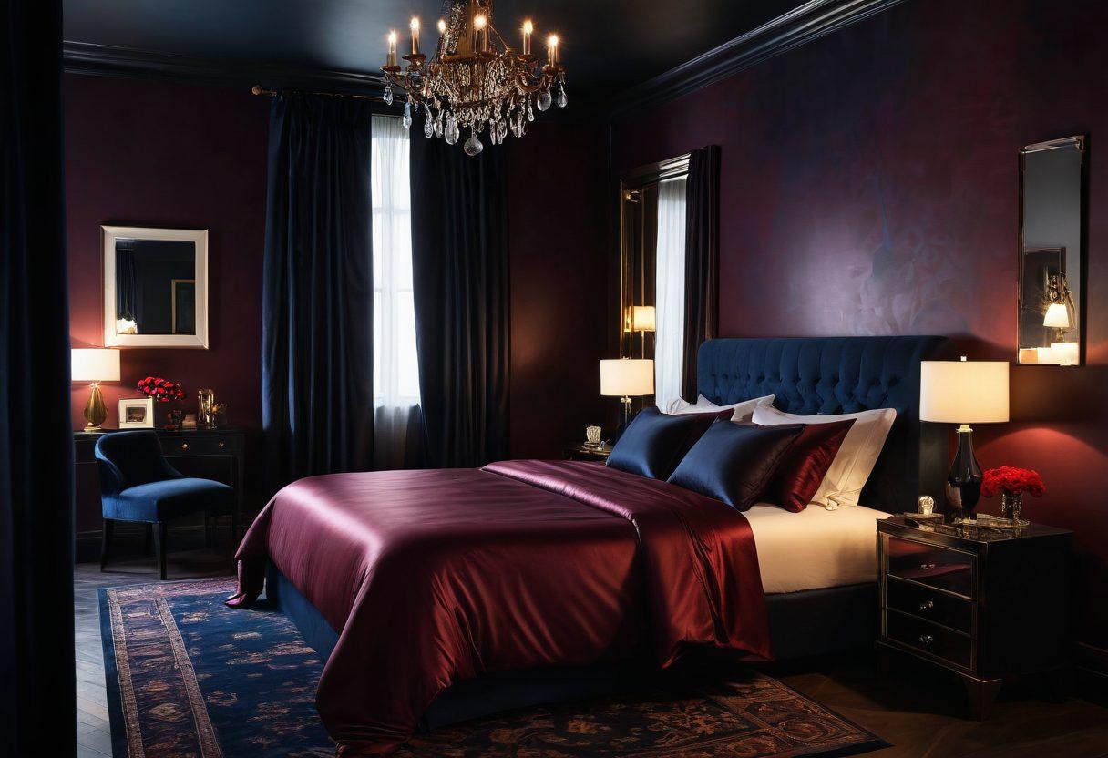 A steamy, seductive scene featuring a dimly lit bedroom with silk sheets, an elegant mirror reflecting the passionate ambiance, and subtle romantic decor. The atmosphere is filled with an air of mystery and allure, with deep, rich colors like burgundy and midnight blue adding to the intensity. Alluring silhouettes in provocative poses can be vaguely discerned in the background, creating an enticing and sensual mood without being explicit. painting. vibrant colors. moody lighting.